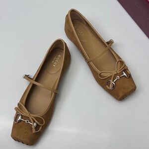 Gucci Women's Tan Suede Flats with Metal Detail